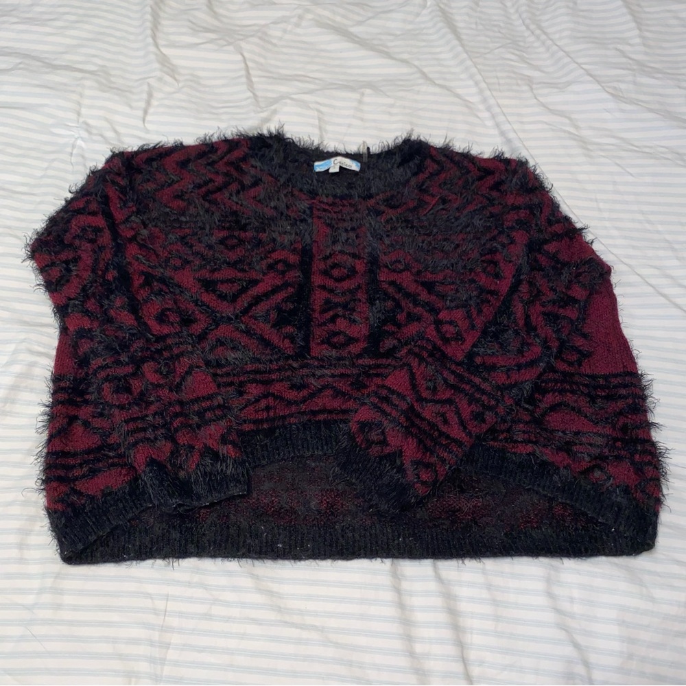 Black and red fuzzy oversized crop top sweater